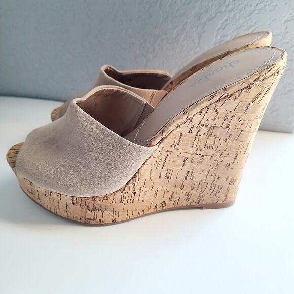 Charles David Genuine Suede Leather Open Toe Wedge Womens 9M Cork NWOB - Picture 3 of 4